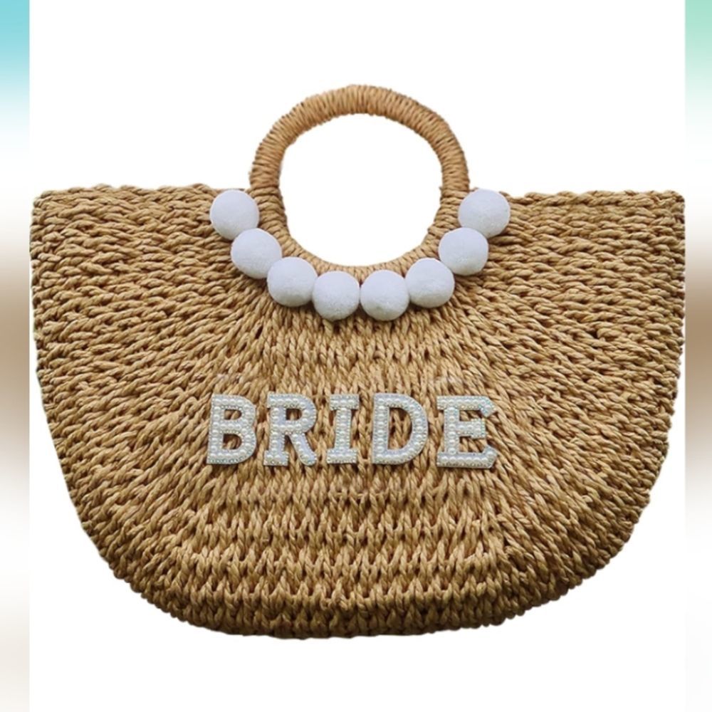 PureRejuva Bride Beach Bag – Handwoven Straw - Rhinestone & Pearl Letters – NWT